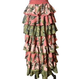 Visual Mood Tiered Ruffle Maxi Skirt in Pink and Olive with Leaf Print Large